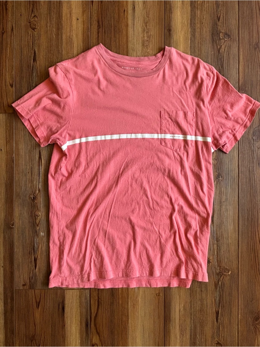 American Eagle Outfitters Coral Pink Pocket Tee with White Stripe